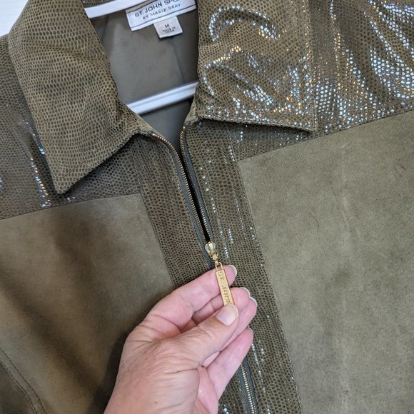 St. John |  Olive |  REAL Leather - Snake & Suede Jacket!! | M | EUC | Rich Mom - Picture 3 of 11